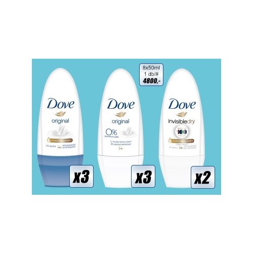Dove roll-on mix karton 8 db 50ml 3db Original+3 db Original 0% +2db Inv.Dry